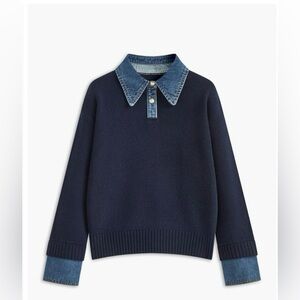Commense Navy Sweater with Denim Collar and Cuffs